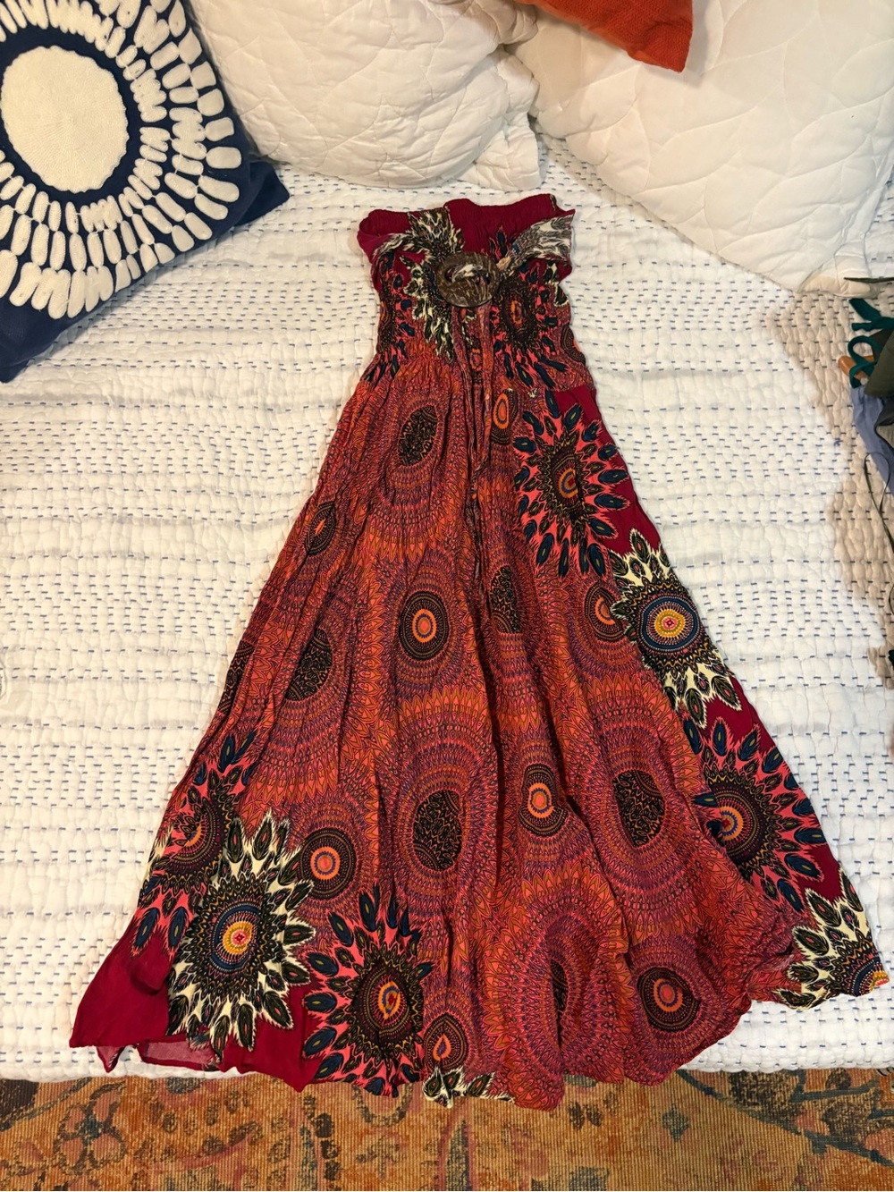 Boho Strapless Maxi Dress - Red Sunburst Print